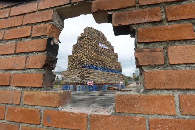 A large towering bonfire pictured near the Donegall road in Belfast, Northern Ireland