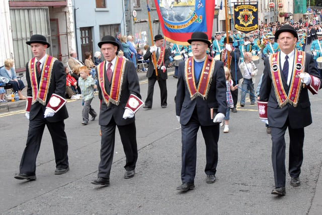 Office bearers with Montober LOL 661 on parade at the 12th of July celebrations in Dungannon