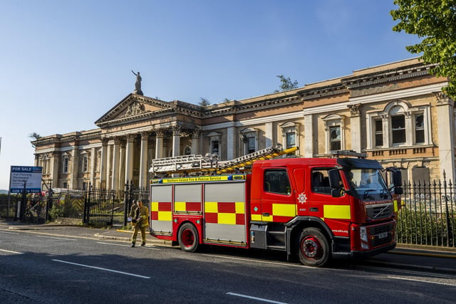 Northern Ireland Fire and Rescue Service firefighters tackling a large fire at Crumlin Road Courthouse in Belfast, Northern Ireland. PA Photo. Picture date: Monday June 01, 2020. Four appliances and 25 firefighters were called out just before 3am to the popular north Belfast visitor attraction. See PA story ULSTER Fire. Photo credit should read: Liam McBurney/PA Wire