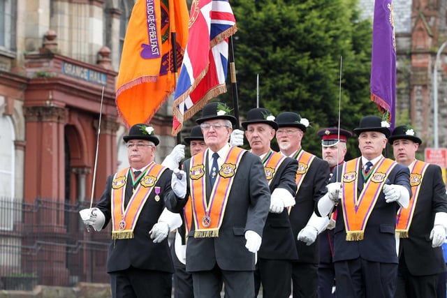 12/7/11 Mandatory Credit Darren Kidd/Presseye.com 

Orangemen take part in Twelfth of July parades as they make their way to the field at Shaws Bridge, Belfast.

The County Grand Lodge Colour Party lead of the parade