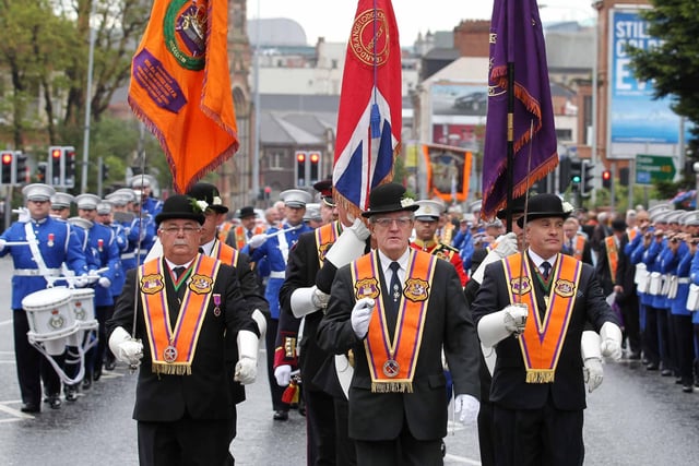 12/7/11 Mandatory Credit Darren Kidd/Presseye.com 

Orangemen take part in Twelfth of July parades as they make their way to the field at Shaws Bridge, Belfast.

The County Grand Lodge Colour Party lead of the parade
