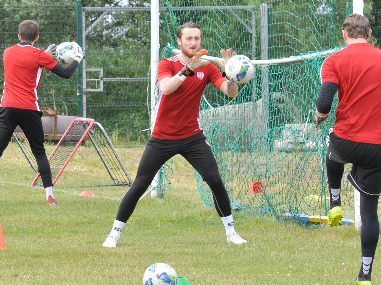 Derry City goalkeepers, Peter Cherrie and Nathan Gartside get back in the swing of things during a training session at Aileach FC in Burnfoot, Donegal.