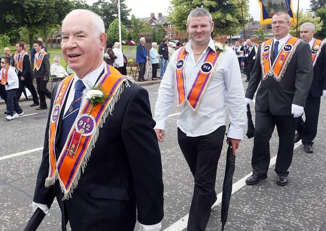 Lisburn Councillor Ivan Davis of LOL 912 marching in Dunmurry on the Twelfth. US3008-131AO  Picture By: Aidan O'Reilly