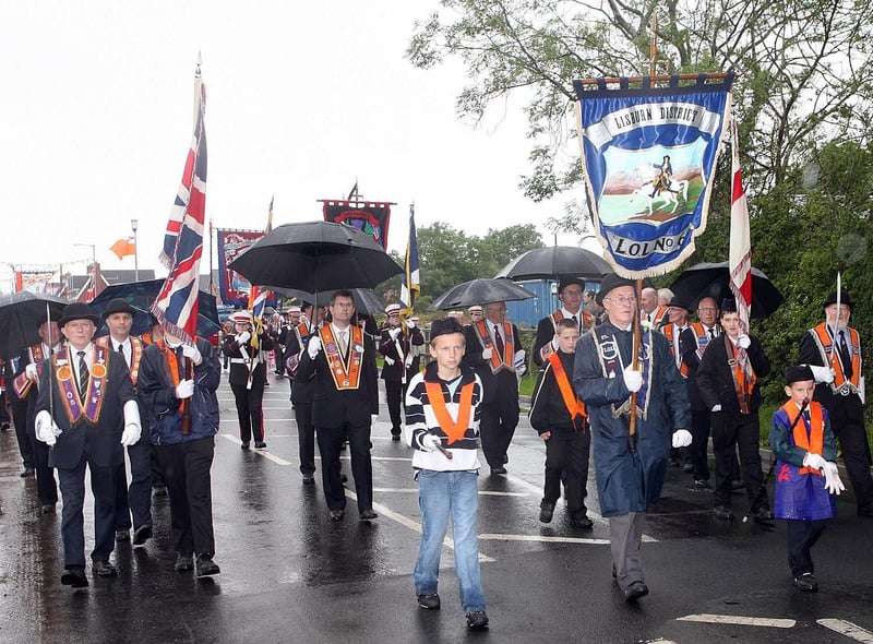 The Lisburn District LOL No 6 marching in Maghaberry on the Twelfth. US2907-142AO