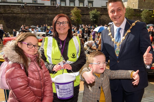 The Mayor Alderman Graham Warke who was joined by Croise Gallagher and
Killian McCallion during Super Car Sunday in aid of the Mayorâ€TMs Charity Appeal for Foyle Down Syndrome Trust. Picture Martin McKeown. 03.10.21