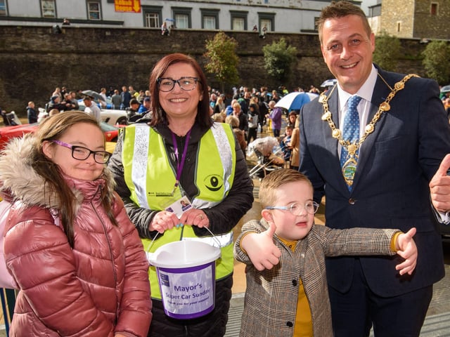 The Mayor Alderman Graham Warke who was joined by Croise Gallagher and
Killian McCallion during Super Car Sunday in aid of the Mayorâ€TMs Charity Appeal for Foyle Down Syndrome Trust. Picture Martin McKeown. 03.10.21