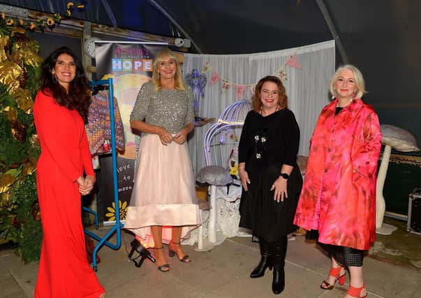 Geraldine Mullan (second from right) pictured with guests journalist and lecturer Kathy Donaghey, broadcaster Miriam O'Callaghan and Sunday Independent Fashion Editor Bairbre Power at the Amelias Glad Rags for HOPE fashion show in the Mullan garden centre, Moville on Friday evening last. DER2140GS  070