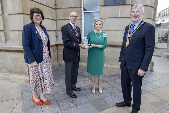 Sandra Adair, NI representative of the QAVS scheme, Bann Rowing Club Captain Keith Leighton, Lord-Lieutenant for County Londonderry Alison Millar and the Mayor of Causeway Coast and Glens Borough Council Councillor Richard Holmes pictured at Coleraine Town Hall for the presentation of the Queen’s Award for Voluntary Service to Bann Rowing Club