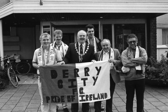 The Mayor, Colr. David Davis, with Strabane Derry City Supporters Club members, outside the Derry team’s headquarters, The Rijn Hotel, Arnhem. From left, Chris McHugh, vice-chairman,Eugene Gallagher, Aidan Murphy, secretary, Paddy Doherty and James Devlin.