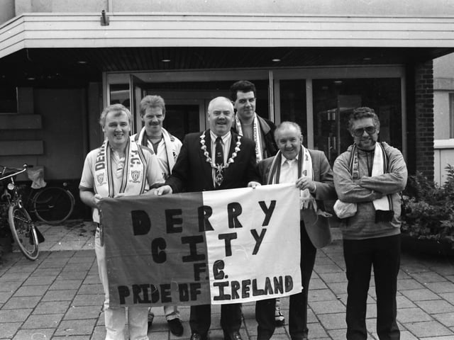 The Mayor, Colr. David Davis, with Strabane Derry City Supporters Club members, outside the Derry team’s headquarters, The Rijn Hotel, Arnhem. From left, Chris McHugh, vice-chairman,Eugene Gallagher, Aidan Murphy, secretary, Paddy Doherty and James Devlin.