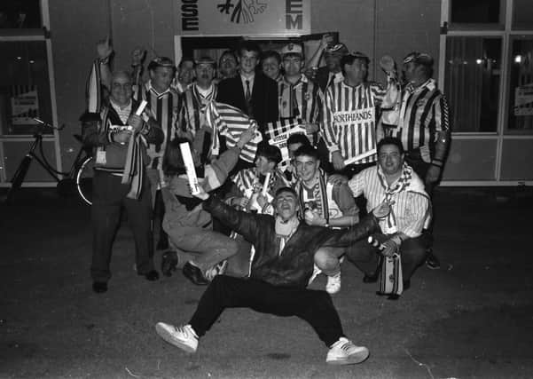 A group of Derry City supporters outside the Monnikenhuize stadium before the club’s UEFA Cup clash with Vitesse Arnhem in October 1990.
