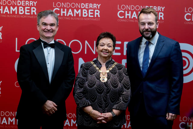 Derry Chamber CEO Paul Clancy; Derry Chamber President Dawn McLaughlin; and Foyle MP Colum Eastwood.