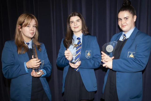 Nicole Doherty, Amy Leigh McCaughey and Aoibhe Houston, joint winners in Btec Science at the St. Maryâ€TMs College Prizegiving.