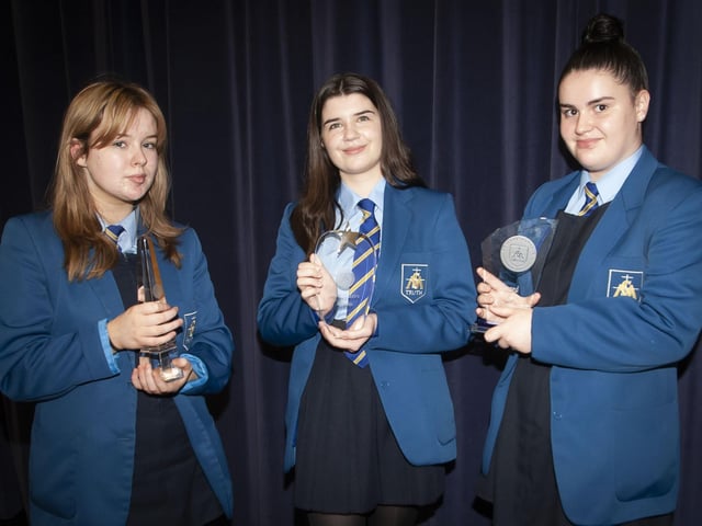 Nicole Doherty, Amy Leigh McCaughey and Aoibhe Houston, joint winners in Btec Science at the St. Maryâ€TMs College Prizegiving.