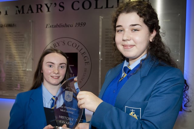 Aimee McCool and Analise McNicholl, joint winners of the Kathleen McCauley trophy for History.