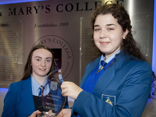 Aimee McCool and Analise McNicholl, joint winners of the Kathleen McCauley trophy for History.