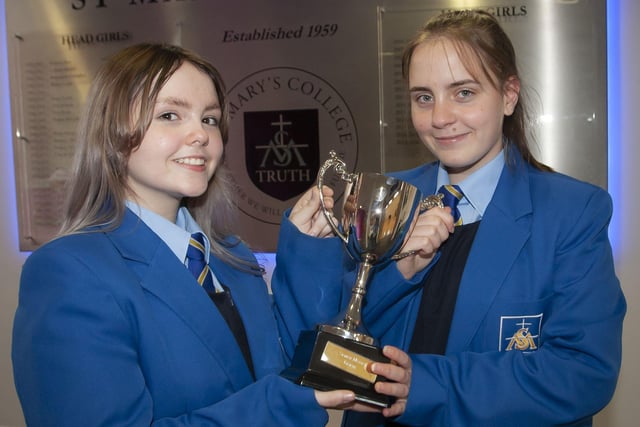 St. Maryâ€TMs College students Jodie Lavery and Leah Keys pictured receiving the GCSE Maths Award at last weekâ€TMs Annual Prizegiving. (Photos: Jim McCafferty Photography)