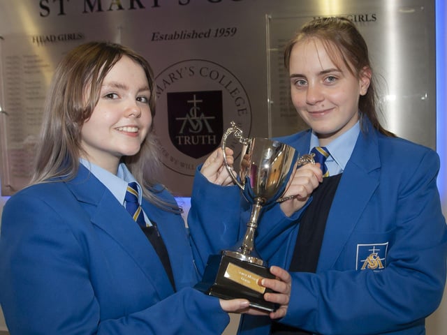 St. Maryâ€TMs College students Jodie Lavery and Leah Keys pictured receiving the GCSE Maths Award at last weekâ€TMs Annual Prizegiving. (Photos: Jim McCafferty Photography)