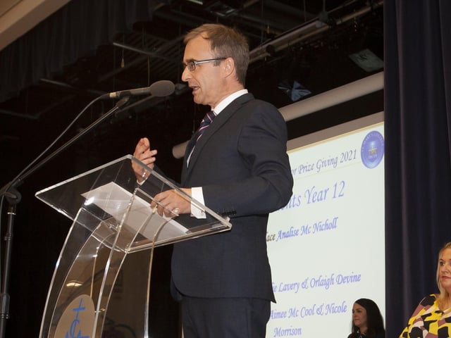 Mr. Brendan McGinn, Principal, St. Maryâ€TMs College, addressing students at the schoolsâ€TM Annual Senior Prizegiving.