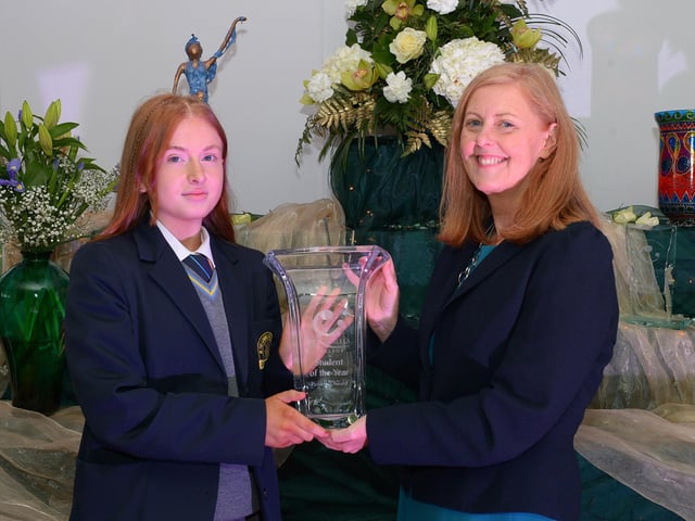 Grace Meenan receives the Student of the Year GCSE Award from Martine Mulhern, Principal of St Cecilia’s College, at the KS4 Awards presentation on Thursday afternoon last in the school. DER2141GS – 040
