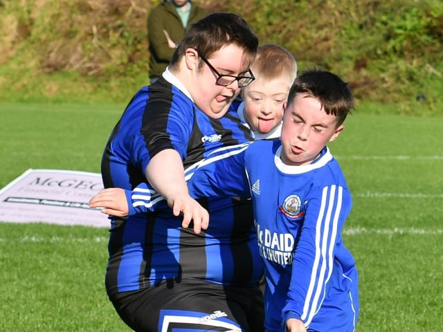 Bulls defender Tiernan Sweeney stops Buncrana Hearts Cillian Doherty in his tracks during the inaugural Crana Super Cup Final 2021. Picture by Kevin Morrison