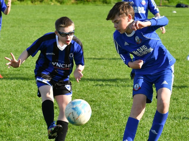Bulls Conan Norris puts his side 1-0 up in the first minute against Buncrana Hearts during the Crana Super Cup Final 2021. Picture by Kevin Morrison