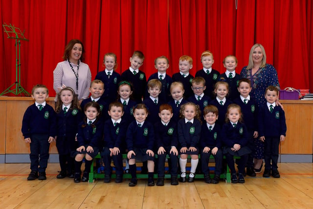 Mrs Hanley (on the right), teacher, and Ms McKee, classroom assistant, with their P1 class at St Patrick’s Primary School. DER2140GS – 021