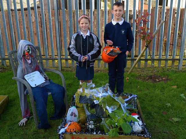 Bunscoil Cholmcille pupils Kyra and James Duffy pictured at their prize winning Halloween plant bed at the school’s Halloween plant beds competition on Monday afternoon last. DER2143GS – 040