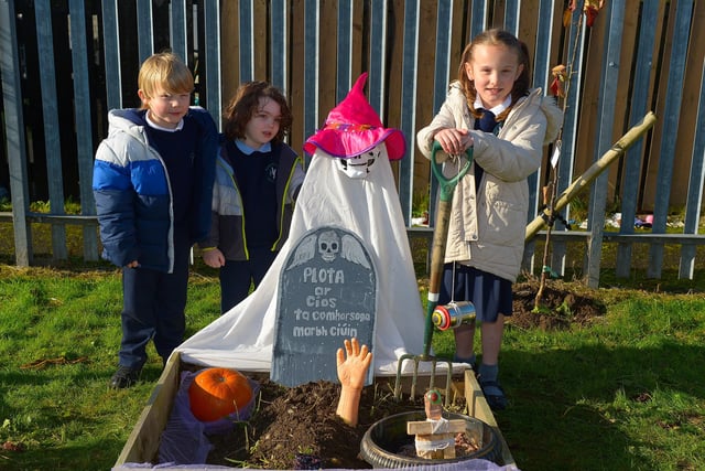 Bunscoil Cholmcille prize winners Finnbar, Donnacha and Ceili pictured with their prize winning bed plant at the school’s Halloween plant beds competition on Monday afternoon last. DER2143GS – 043