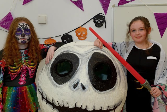 St Cecilia’s College Year 8 pupils Faye and Caragh pictured at the schools recent Fancy Dress Halloween Howl. Photo: George Sweeney.  DER2142GS – 030