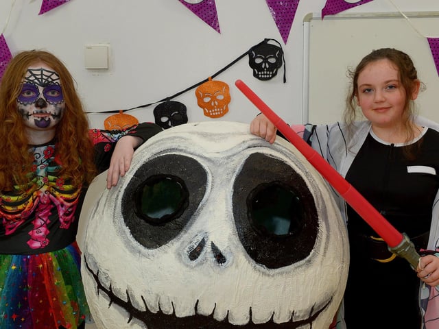 St Cecilia’s College Year 8 pupils Faye and Caragh pictured at the schools recent Fancy Dress Halloween Howl. Photo: George Sweeney. DER2142GS – 030