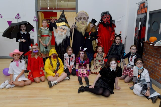 St Cecilia’s College Year 8 pupils and staff pictured at the schools recent Fancy Dress Halloween Howl. Photo: George Sweeney.  DER2142GS – 031