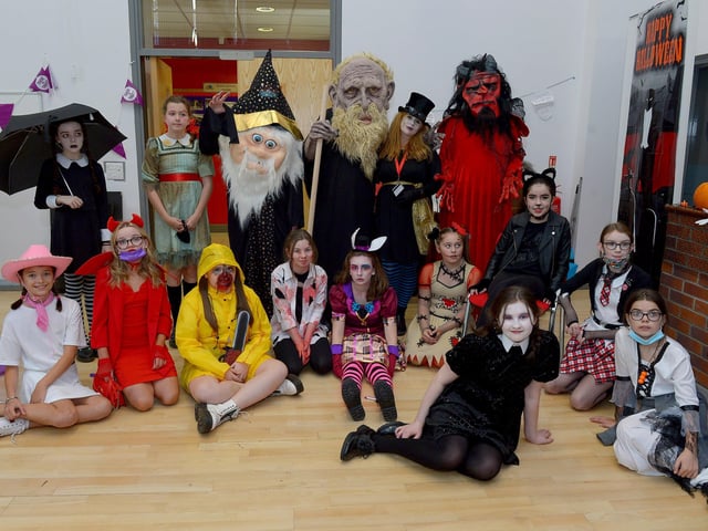 St Cecilia’s College Year 8 pupils and staff pictured at the schools recent Fancy Dress Halloween Howl. Photo: George Sweeney. DER2142GS – 031