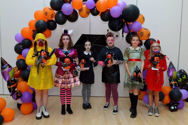 St Cecilia’s College Year 8 Pumpkin Prize Winners pictured at the schools recent Fancy Dress Halloween Howl. Photo: George Sweeney. DER2142GS – 032