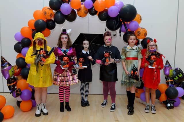 St Cecilia’s College Year 8 Pumpkin Prize Winners pictured at the schools recent Fancy Dress Halloween Howl. Photo: George Sweeney.  DER2142GS – 032