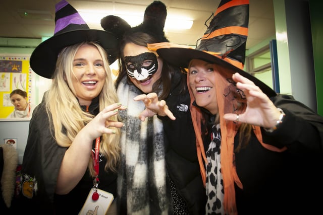 Greenhaw PS staff members get into the Halloween Spirit - From left, Miss Sarah Morrison, Miss Kerry Dixon and Ms. Karen Crossan. (Photos: Jim McCafferty Photography)