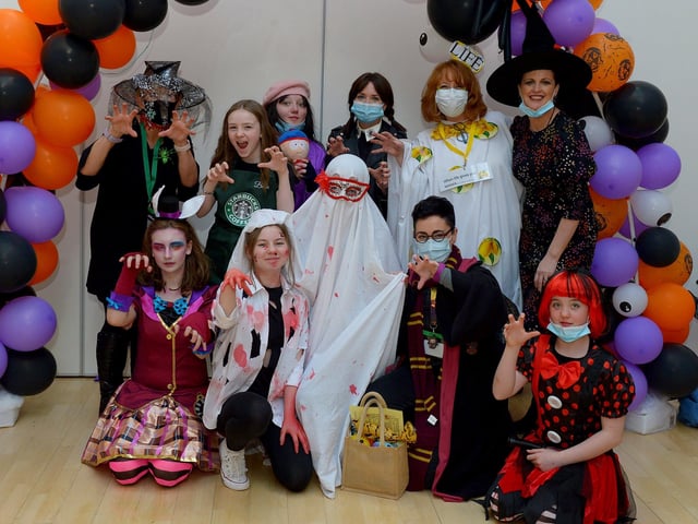 St Cecilia’s College Year 8 pupils and staff pictured at the schools recent Fancy Dress Halloween Howl. Photo: George Sweeney. DER2142GS – 025