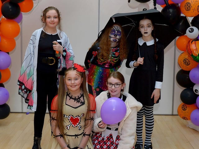 St Cecilia’s College Year 8 pupils pictured at the schools recent Fancy Dress Halloween Howl. Photo: George Sweeney.  DER2142GS – 026