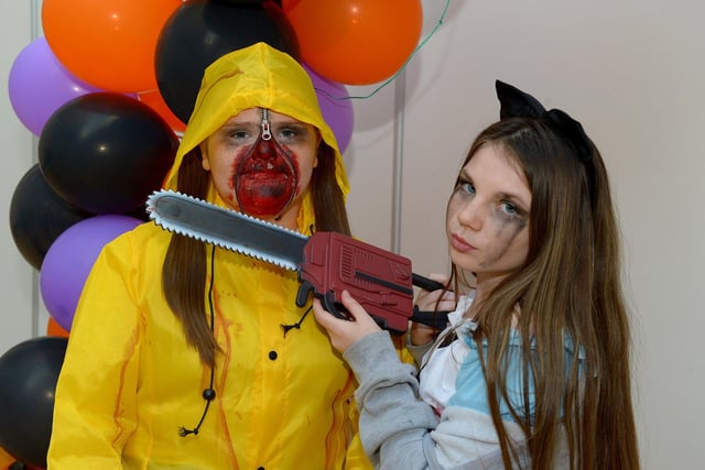 St Cecilia’s College Year 8 Jodeen Rankin and Ceallach Boyle pictured at the schools recent Fancy Dress Halloween Howl. Photo: George Sweeney.  DER2142GS – 027