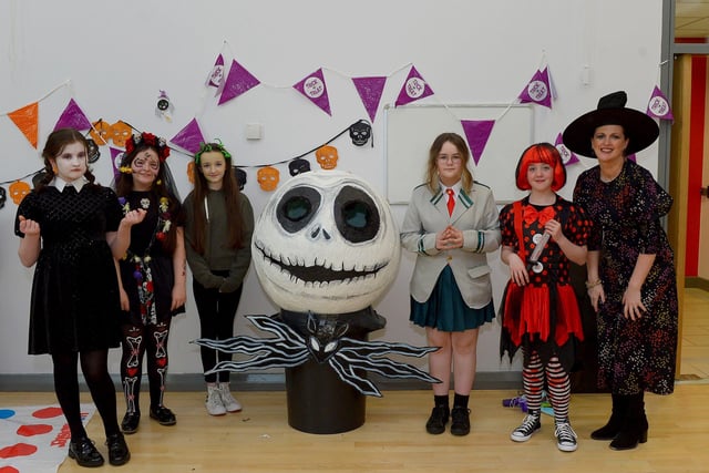 St Cecilia’s College Year 8 pupils and teacher Mrs Davidson pictured at the schools recent Fancy Dress Halloween Howl. Photo: George Sweeney.  DER2142GS – 029