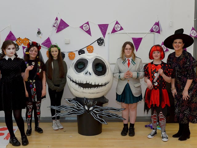 St Cecilia’s College Year 8 pupils and teacher Mrs Davidson pictured at the schools recent Fancy Dress Halloween Howl. Photo: George Sweeney. DER2142GS – 029