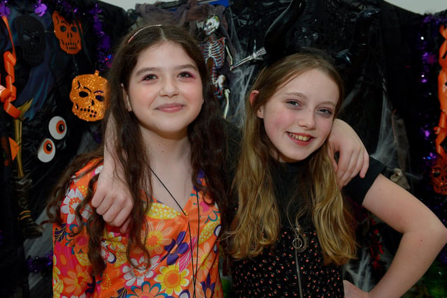 St Cecilia’s College Year 8 pupils Faith and Clodagh pictured at the schools recent  Fancy Dress Halloween Howl. Photo: George Sweeney.  DER2142GS – 021