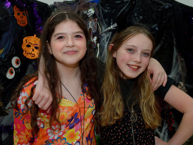 St Cecilia’s College Year 8 pupils Faith and Clodagh pictured at the schools recent Fancy Dress Halloween Howl. Photo: George Sweeney. DER2142GS – 021