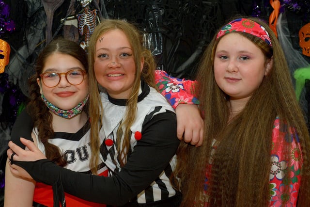 St Cecilia’s College Year 8 pupils Grace, Eirinn and Caoímhe pictured at the schools recent Fancy Dress Halloween Howl. Photo: George Sweeney.  DER2142GS – 022
