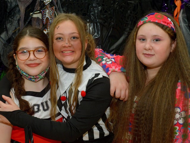 St Cecilia’s College Year 8 pupils Grace, Eirinn and Caoímhe pictured at the schools recent Fancy Dress Halloween Howl. Photo: George Sweeney.  DER2142GS – 022