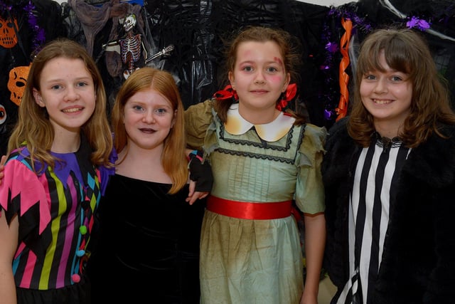 St Cecilia’s College Year 8 pupils Molly, Annabel, Shannon and Caitlin pictured at the schools recent Fancy Dress Halloween Howl. Photo: George Sweeney.  DER2142GS – 023