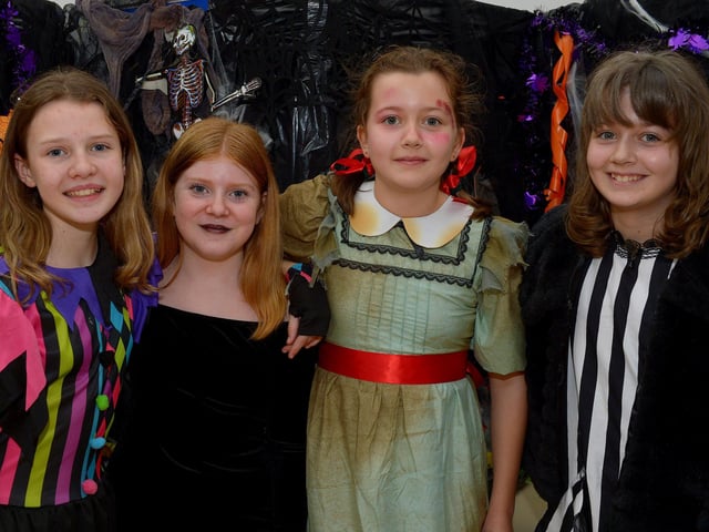 St Cecilia’s College Year 8 pupils Molly, Annabel, Shannon and Caitlin pictured at the schools recent Fancy Dress Halloween Howl. Photo: George Sweeney.  DER2142GS – 023