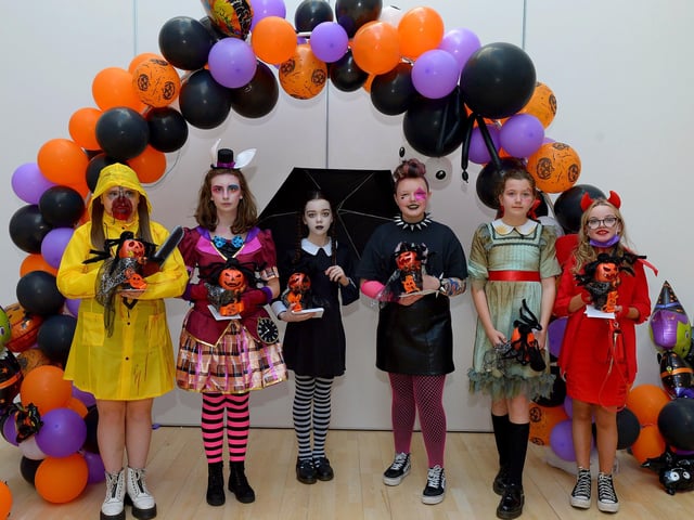St Cecilia’s College Year 8 Pumpkin Prize Winners pictured at the schools recent Fancy Dress Halloween Howl. Photo: George Sweeney.  DER2142GS – 032