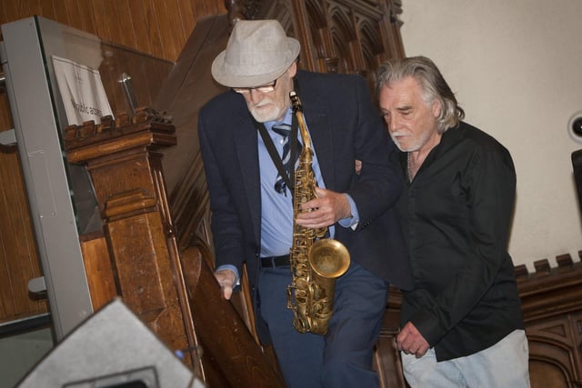 Jazz legend Gay McIntyre is helped up to the stage in the Guildhall for an encore.