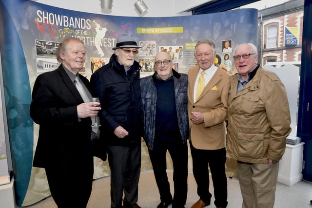 Pictured at the opening of a Showbands of the North West exhibition in The Garden of Reflection were, from left, George Hasson, Gay McIntyre, Frankie Robinson, Phil Coulter and Johnny Quigley.